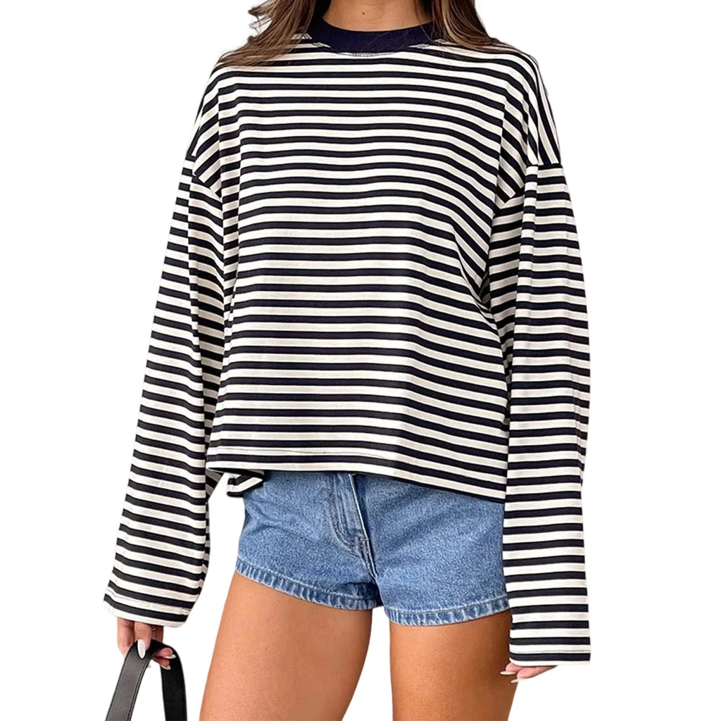 Gestreiftes Langarm-T-Shirt für Damen, Y2k, übergroßes Sweatshirt mit Rundhalsausschnitt, ästhetischer Vintage-Herbst, tiefe Schulter, niedliche Ausgehen