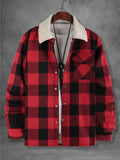 Herren Rot-Schwarz Kariertes Flanellhemd mit Fleecekragen Herbst Winter Dicke Warme Freizeitjacke