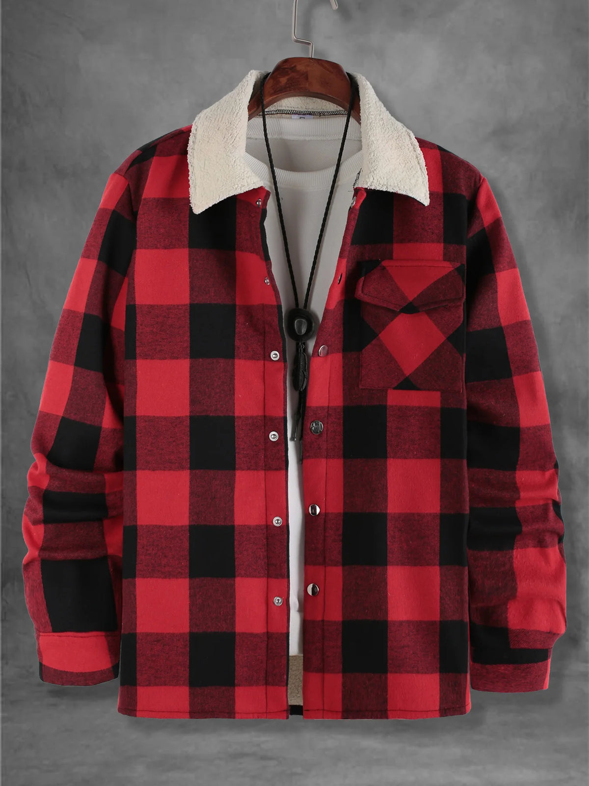 Herren Rot-Schwarz Kariertes Flanellhemd mit Fleecekragen Herbst Winter Dicke Warme Freizeitjacke