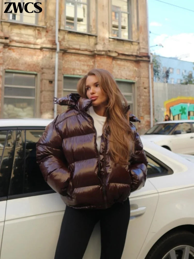 Glänzende Reißverschluss-Kapuzenjacken für Damen, Warme Elastische Taille Plissierte Kurze Baumwolljacke, 2026 Winter Neue Damen High-Street-Oberbekleidung