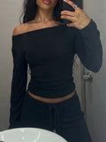 Hugcitar Damenmode, schräger Kragen, schwarzes, langärmliges, gerafftes, sexy, enganliegendes Crop-T-Shirt, Oberteil, lässiges Herbst-Outfit, T-Shirts, Streetwear, Party