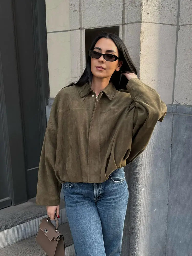 HH Damen Street Fashion Solid Loose Wildleder Textur Mäntel Kausal Lange Fledermausärmel Revers Reißverschluss Winter Vintage Jacken