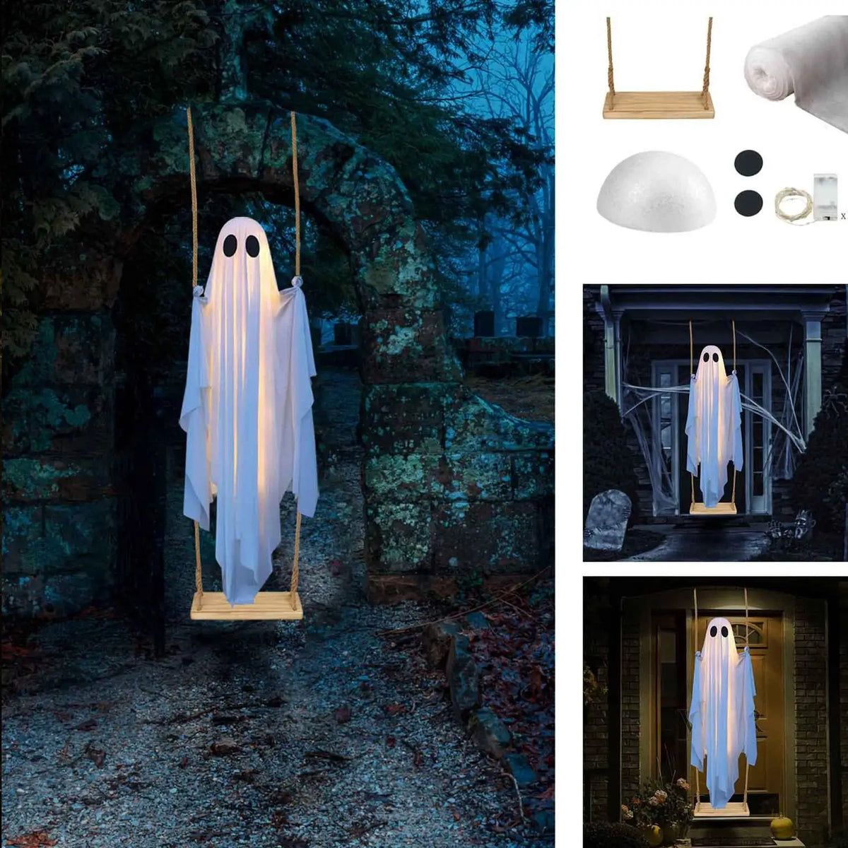 Großer Hängender Geister-Schaukel-Halloween-Horror-Dekorations-Geist in Weiß mit Lichterkette, Niedliche Geister-Ornamente für Veranda und Garten