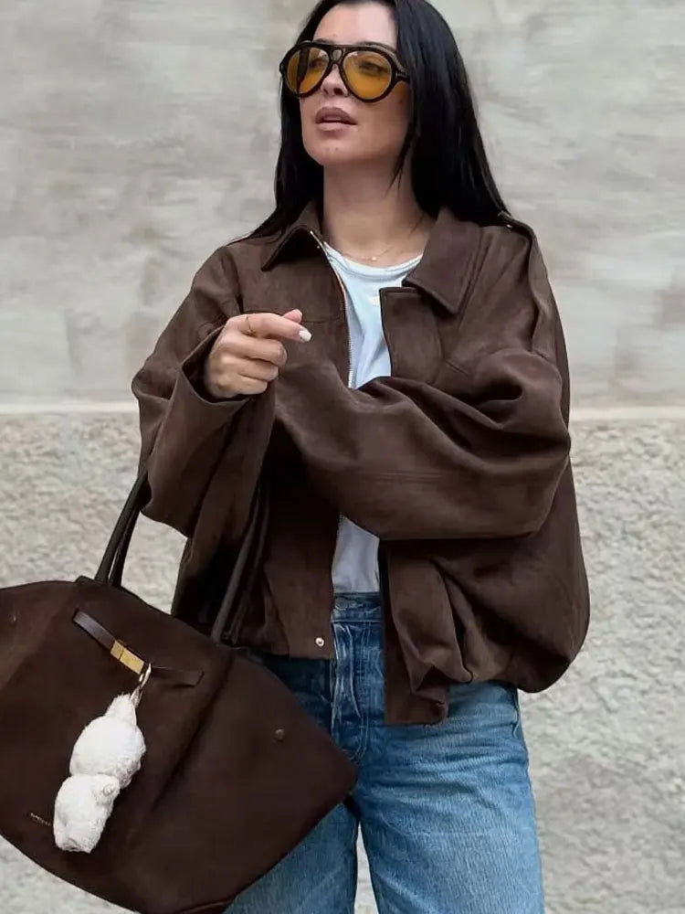 HH Damen Street Fashion Solid Loose Wildleder Textur Mäntel Kausal Lange Fledermausärmel Revers Reißverschluss Winter Vintage Jacken