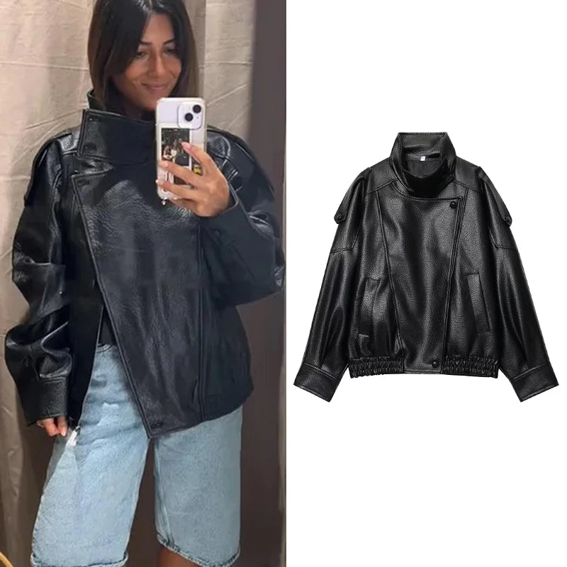 TFMLN Chic Schwarz Kunstleder Jacken Frauen Langarm Tasten Elastische Übergroße Mäntel Mode 2025, Herbst Winter Streetwear