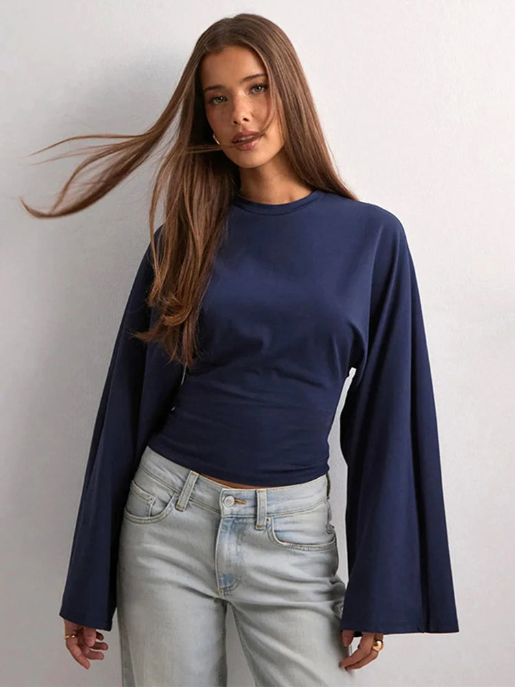 Street Style Flare Langarm-Crop-T-Shirt für Damen, Frühling und Herbst, lässiges Rundhals-Crop-Top, Streetwear, Y2K-Kleidung
