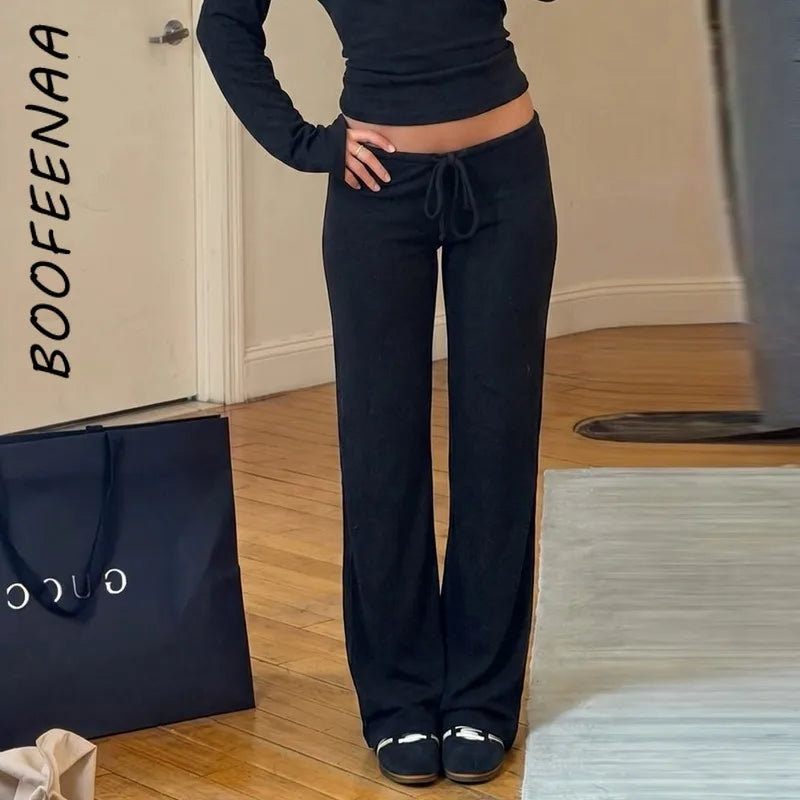 BOOFEENAA Baggy-Sweatpants, bequeme Lounge-Hose mit Kordelzug, Damen-Unterteil, lässige Hose mit weitem Bein, Schwarz, C15-BI30