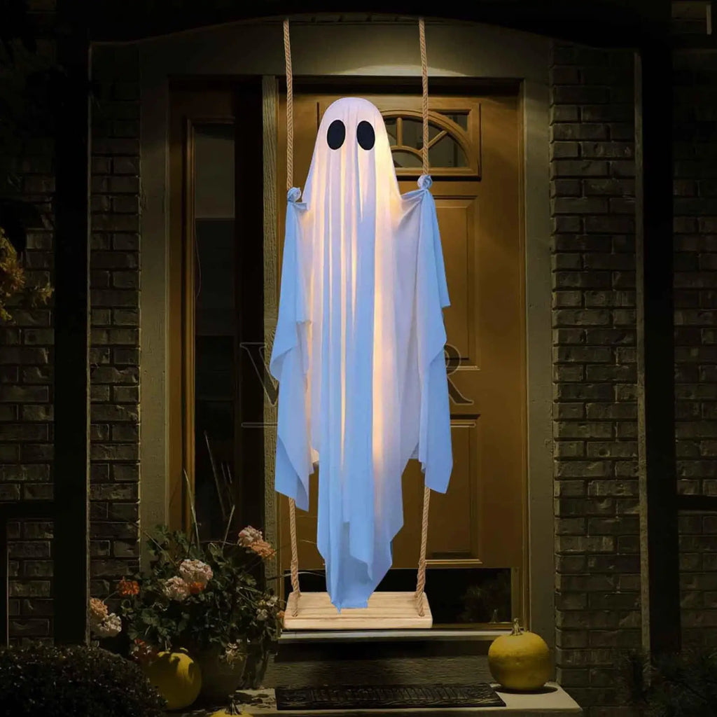 Großer Hängender Geister-Schaukel-Halloween-Horror-Dekorations-Geist in Weiß mit Lichterkette, Niedliche Geister-Ornamente für Veranda und Garten