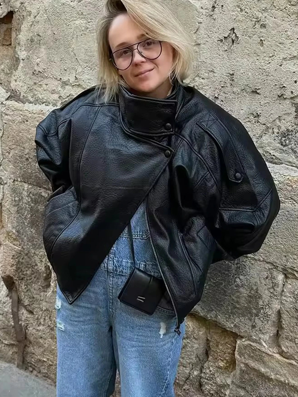 TFMLN Chic Schwarz Kunstleder Jacken Frauen Langarm Tasten Elastische Übergroße Mäntel Mode 2025, Herbst Winter Streetwear