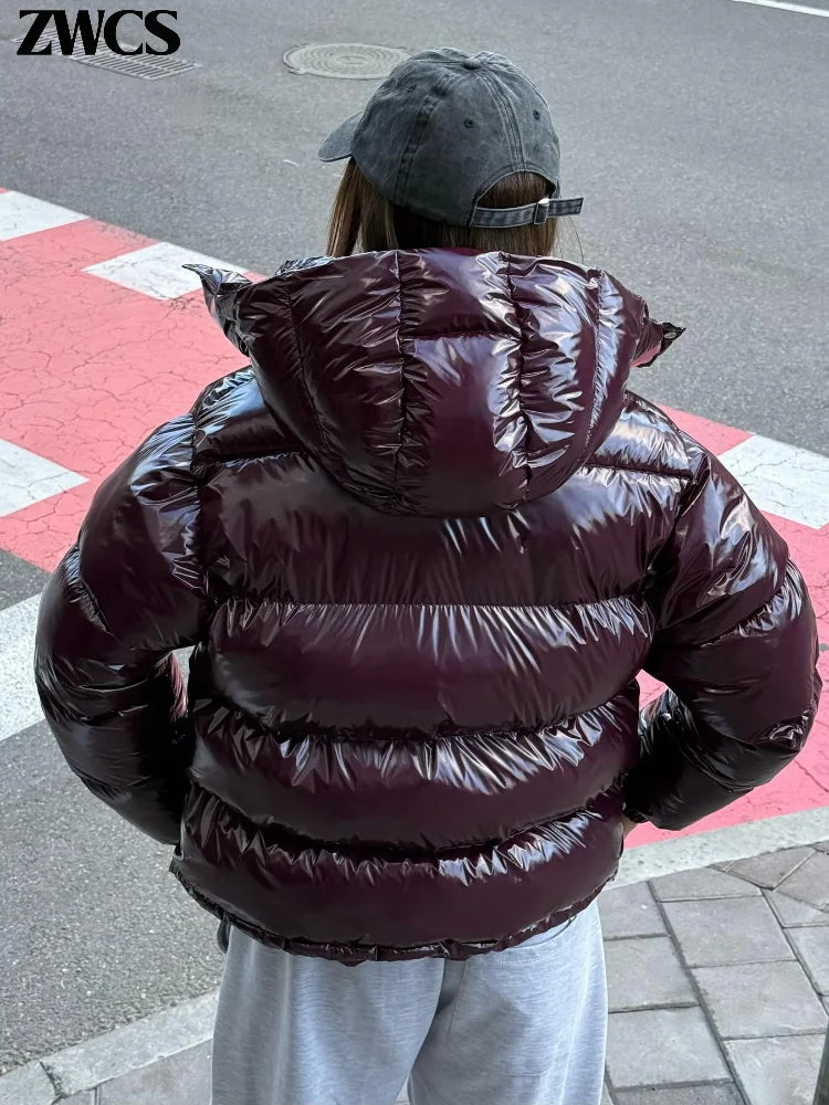 Glänzende Reißverschluss-Kapuzenjacken für Damen, Warme Elastische Taille Plissierte Kurze Baumwolljacke, 2026 Winter Neue Damen High-Street-Oberbekleidung