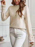 Damen Langarm-Strickpullover mit Spitzenverzierung Rundhals Herbst Winter Warm Modisch Lässige Strickware