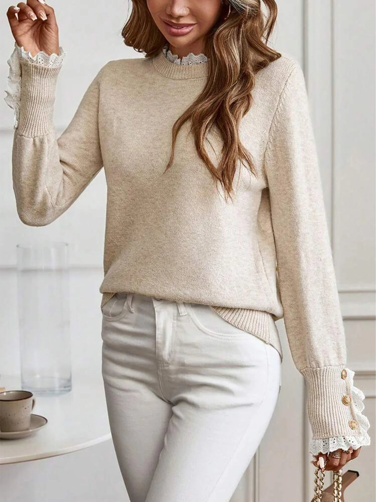 Damen Langarm-Strickpullover mit Spitzenverzierung Rundhals Herbst Winter Warm Modisch Lässige Strickware