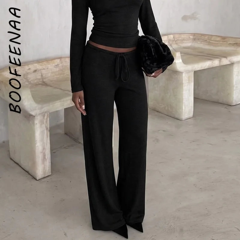 BOOFEENAA Baggy-Sweatpants, bequeme Lounge-Hose mit Kordelzug, Damen-Unterteil, lässige Hose mit weitem Bein, Schwarz, C15-BI30
