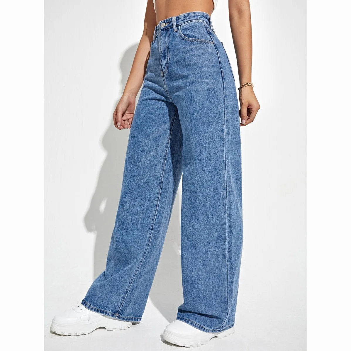 MsChuh Damenhose, Hose, hohe Taille, locker geschnitten, weites Bein, Jeans, Damenbekleidung, hellblaue Hose, für Dates, Urlaub, den Alltag.