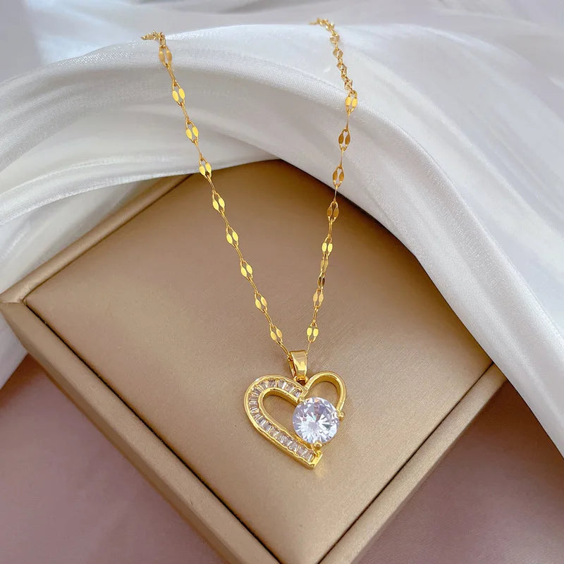 Trend ige Herz Edelstahl Zirkonia Halsketten für Frauen
