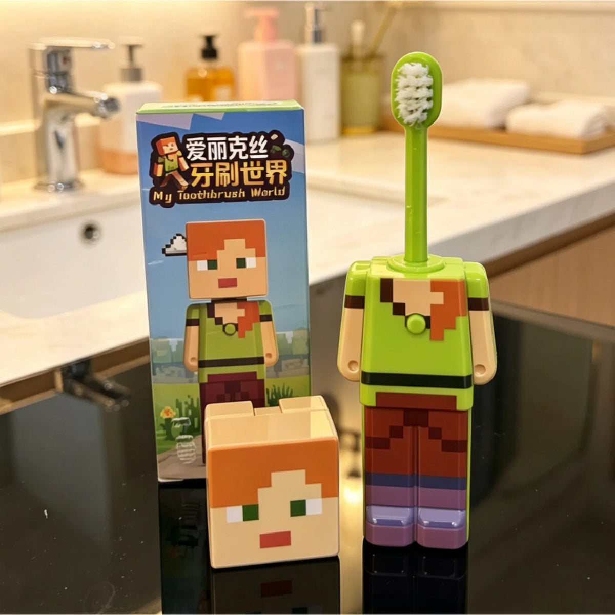 2026 Hot Anime world Scalable Toothbrush Cute MC Figures Transformable Soft Bristled Toothbrush Fine Bristled Gifts
